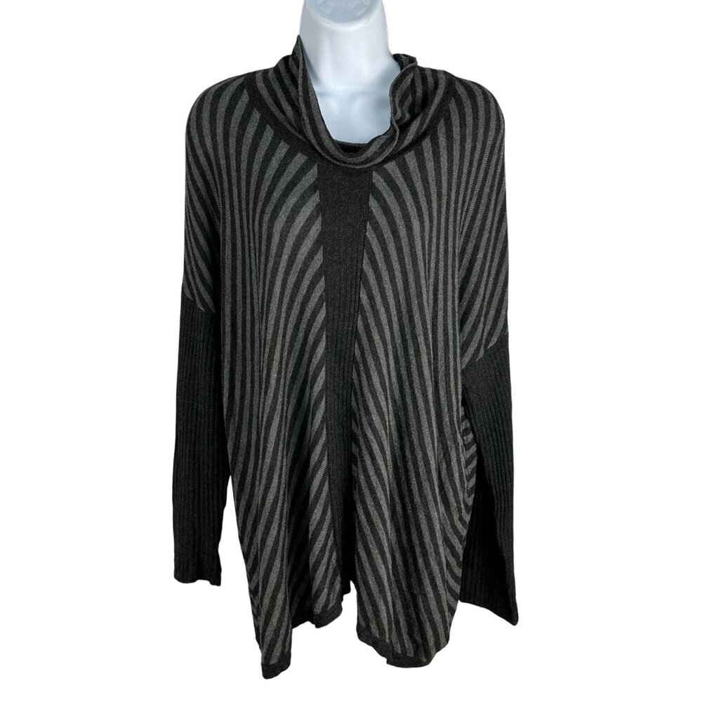 Eileen Fisher Womens Black & Gray Striped Cowl Neck Sweater Size M Viscose Blend